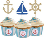 24 Pcs Nautical Theme Glitter Cupcake Picks Cupcake Toppers Food Fruit Picks for Decoration Party Favors