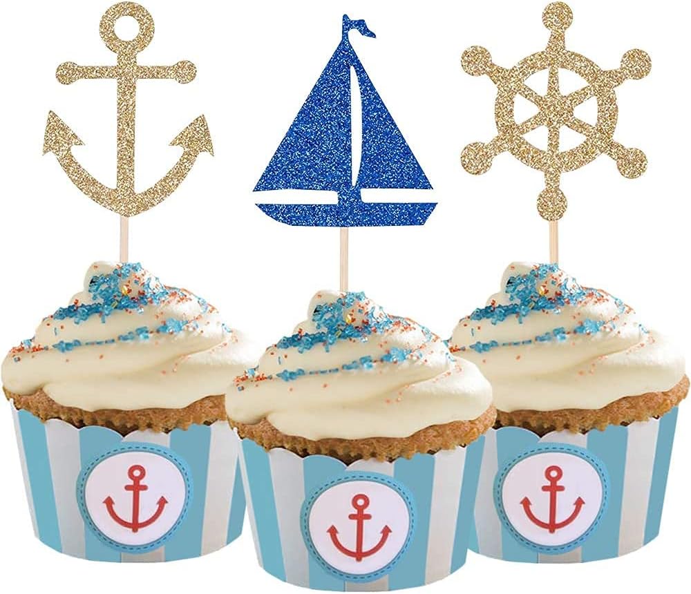 24 Pcs Nautical Theme Glitter Cupcake Picks Cupcake Toppers Food Fruit Picks for Decoration Party Favors
