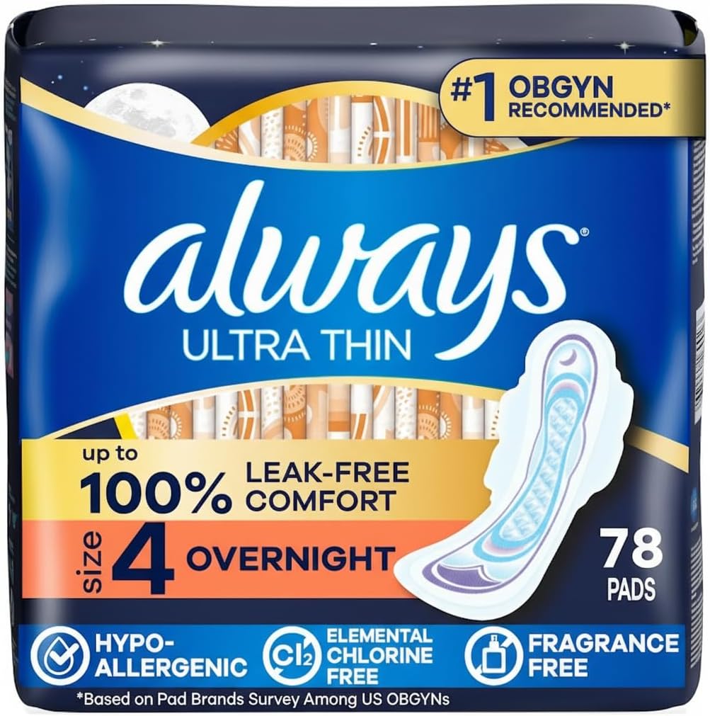 Always Ultra Thin Overnight Pads with Wings, Size 4, Overnight, 78 Count (3 Packs of 26)