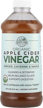 Country Farms Organic Apple Cider Vinegar Tonic, Cleanses and Detoxifies, Helps Balance Fluids, Supports Digestion, With The “Mother”, Ginger Cayenne & Maple, 16 Fl. Oz.