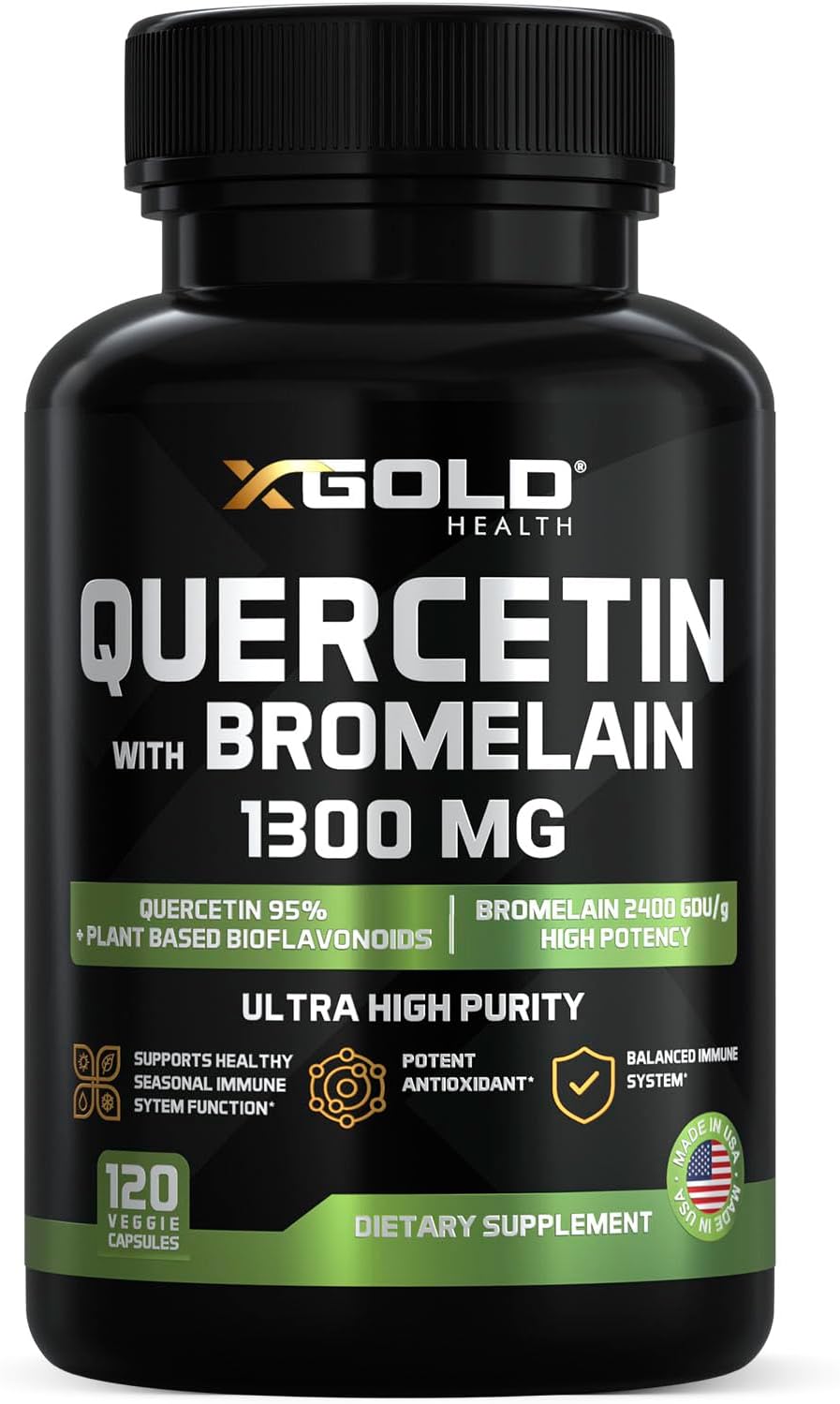 Micronized Quercetin + Bromelain 1,300mg Quercetin: 95% - Highly Purified and Highly Bioavailable Plus Bromelain 2,400 GDU/g - Made in USA | 120 Capsules