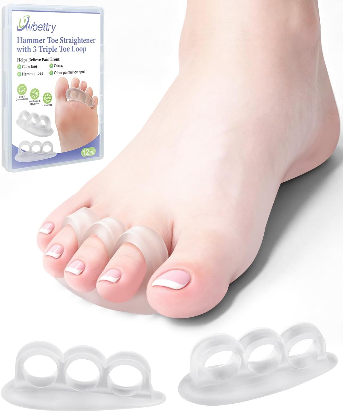 12 Pcs Silicone Hammer Toe Straightener Correctors, Hammertoe Cushions Pads Support, Gel Toe Separator Spacers for Women Men Claw, Curled, Bent, Overlapping, 3 Loops