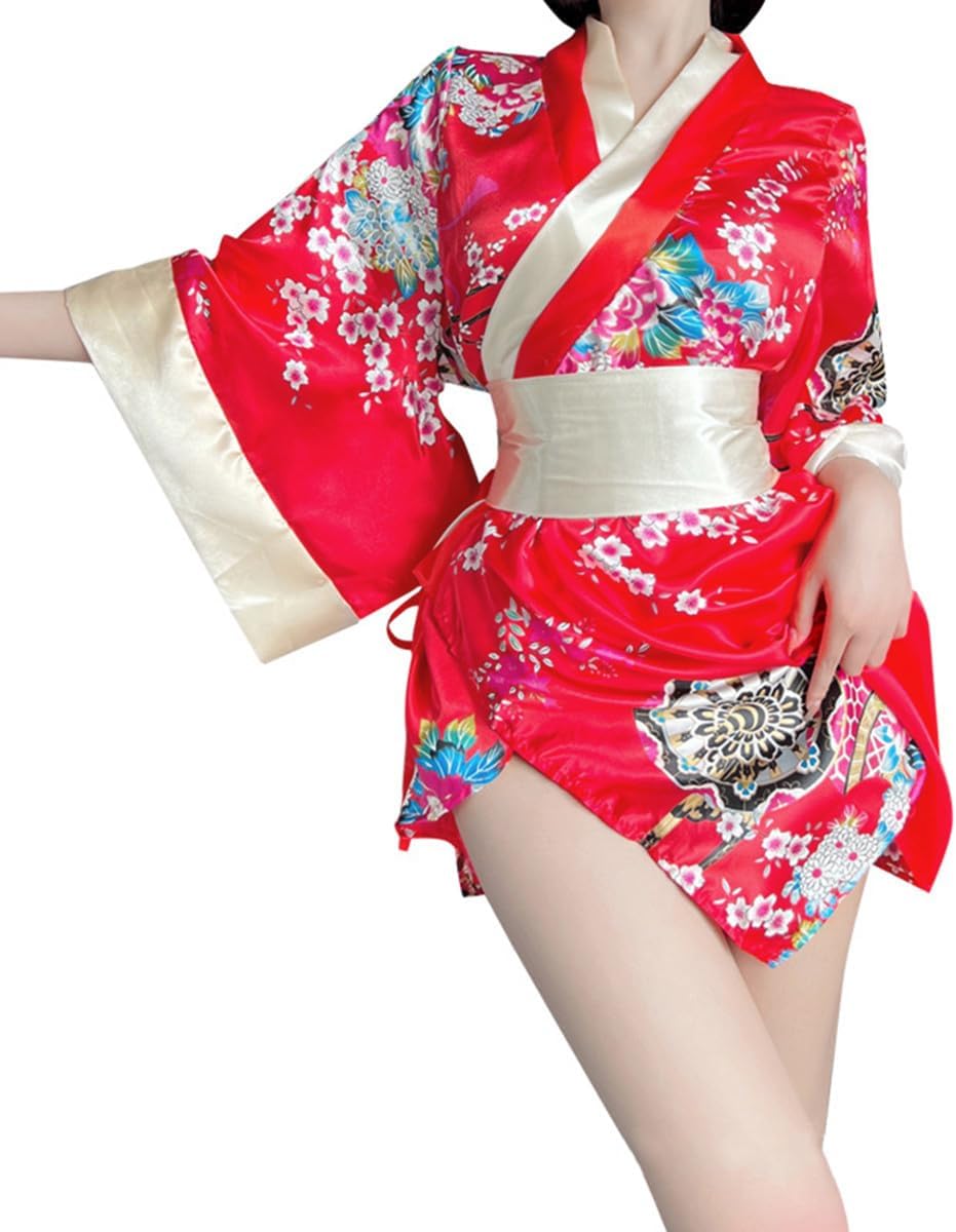 SIQITECHNO Womens Floral Kimono Bathrobe Mini Dress Nightgown Nightwear Japanese Short Yukata Sleepwear Outfit Belt Lingerie