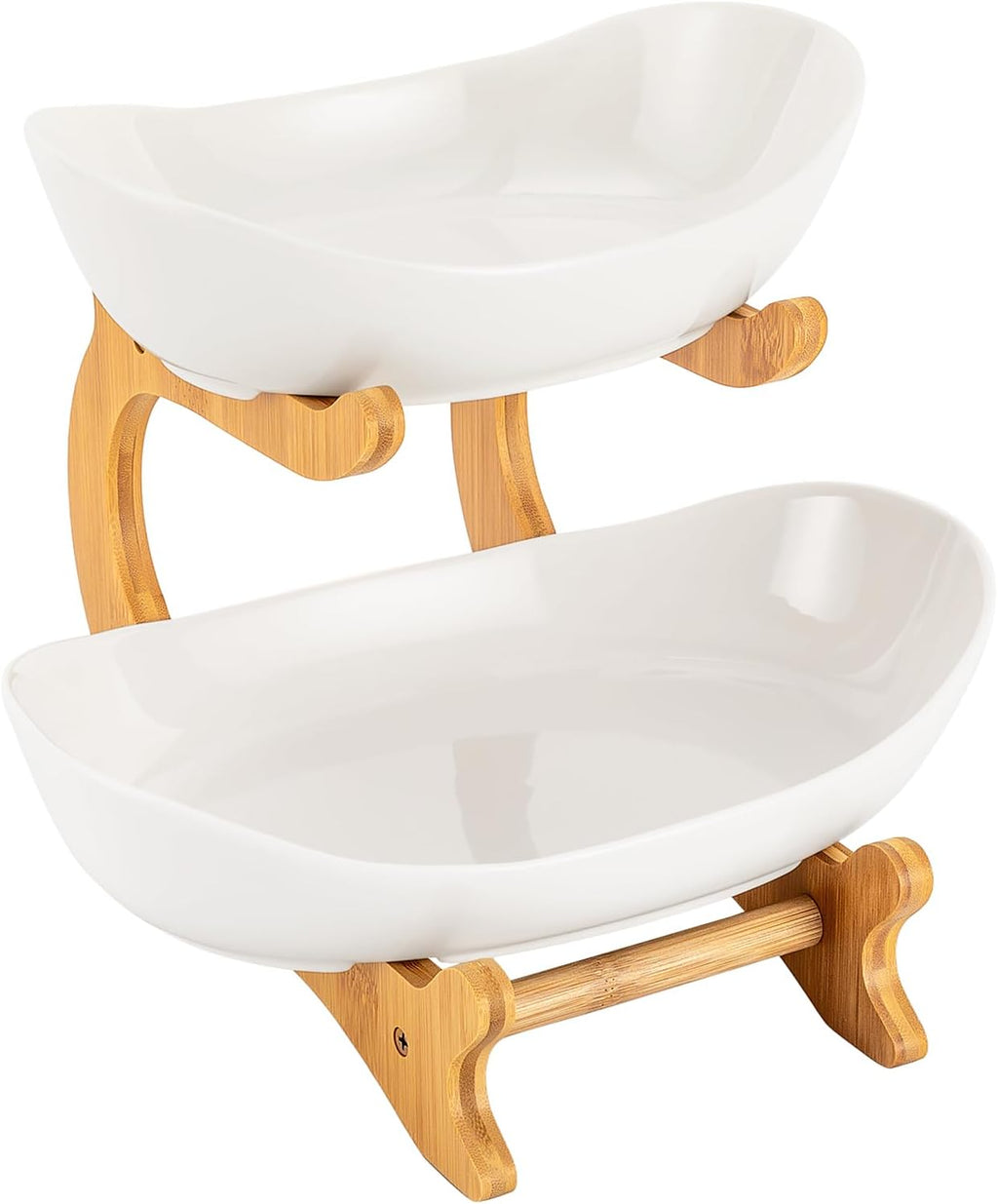 2 Tier Fruit Basket, Ceramic Vegetable Bowl with Bamboo Wood Stand, Storage Bowls for Nuts, Salad Snack Dessert Cake Tray Plate Rack Two Tier Serving Stand for Party Wedding Home Office (White)