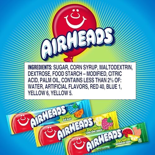 Airheads Sour Mini Candy Bars, Taffy Candy Assorted Bag, Individually Wrapped Candy, Three Assorted Flavors, 12 Oz Bag