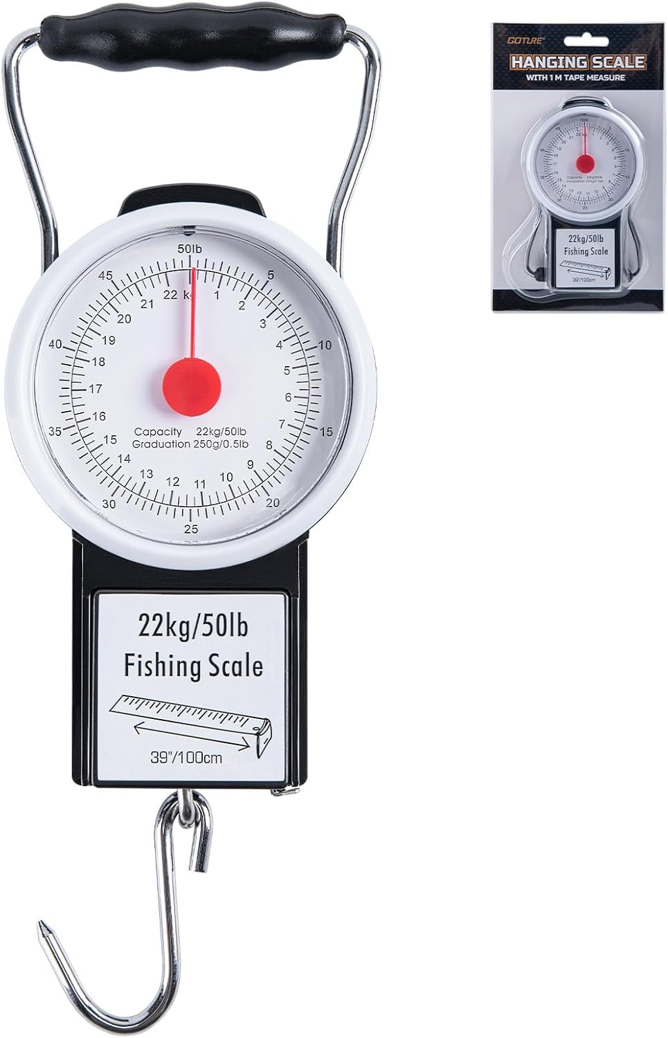 Goture Hanging Scale with 39" Built-in Tape Measure, 50lb/22kg Fishing Scale, Battery-Free Mechanical Spring Scale for Weighing & Measuring Fish, Waterproof Fishing Gear for Saltwater and Freshwater