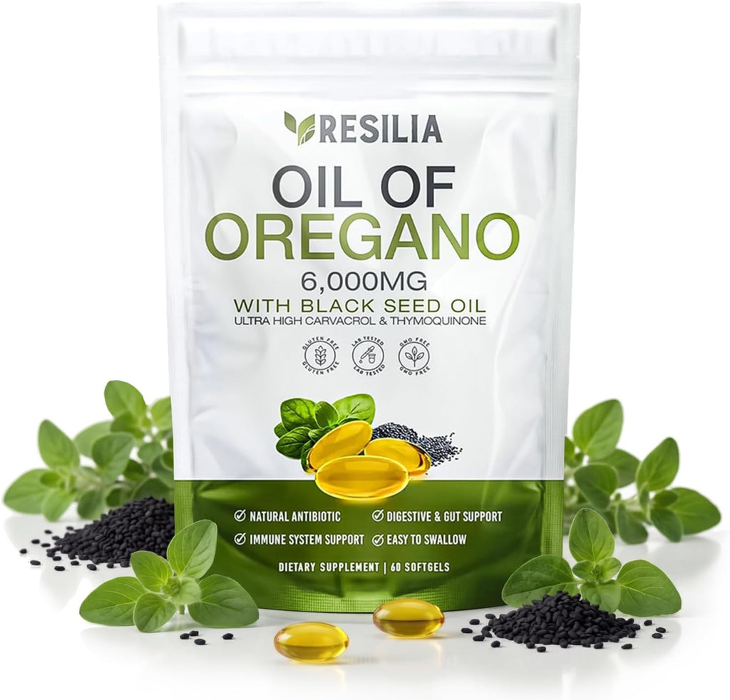 Resilia Softgels with Black Seed Oil 6000mg – Organic Oregano Oil Capsules for Immune & Digestive Support – Non-GMO, Gluten-Free Softgels – Natural Herbal Wellness Supplement (60 Count)