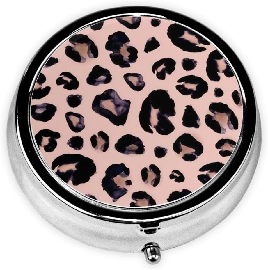 Pill Organizer 3 Compartment Mini Metal Pill Holder, Travel Portable Small Pill Case Pocket for Man Woman - Leopard Print