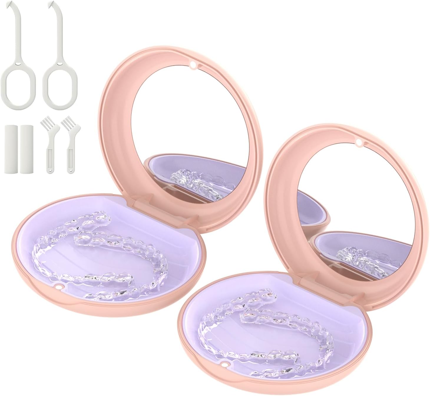 2 Pack Retainer Case with Mirror, Compatible with Invisalign, Orthodontic Aligner Case with Removal Tool and Brush, Pink