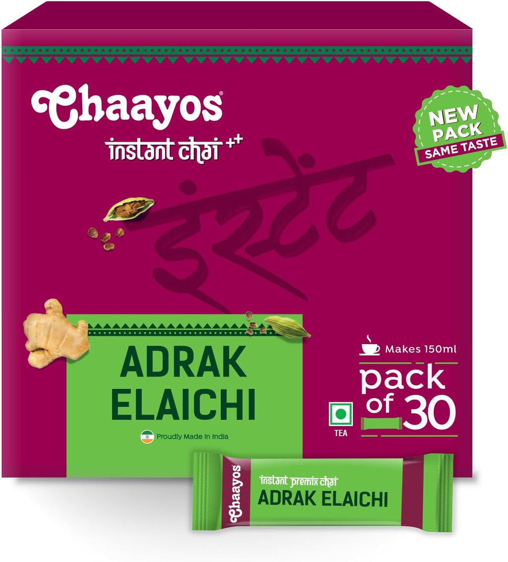 Chaayos Instant Tea Premix - Adrak Elaichi Flavour - Regular Sugar (22g * 30 sachet) (Makes 150ml), Ginger Powder, Eliachi Powder, Premix Tea, Desi Chai