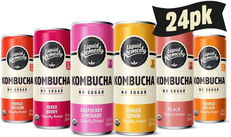 Liquid Remedy Kombucha Sugar Free Organic Drink, Low Calorie, Probiotic Like Tea for Gut Health - Super Sampler Variety Pack - 8.5 Fl Oz Can, 24-Pack