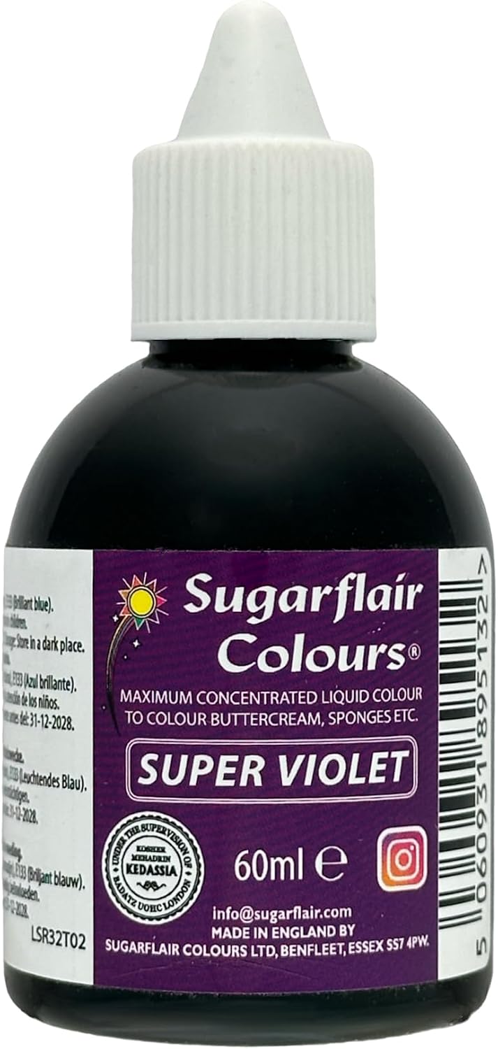 Sugarflair Super Violet Liquid Food Colouring, Max Concentrate For Colouring Sugarpaste, Buttercream, Icing, Royal Icing, Macarons, Meringues, Cake Decorations and more - 60ml
