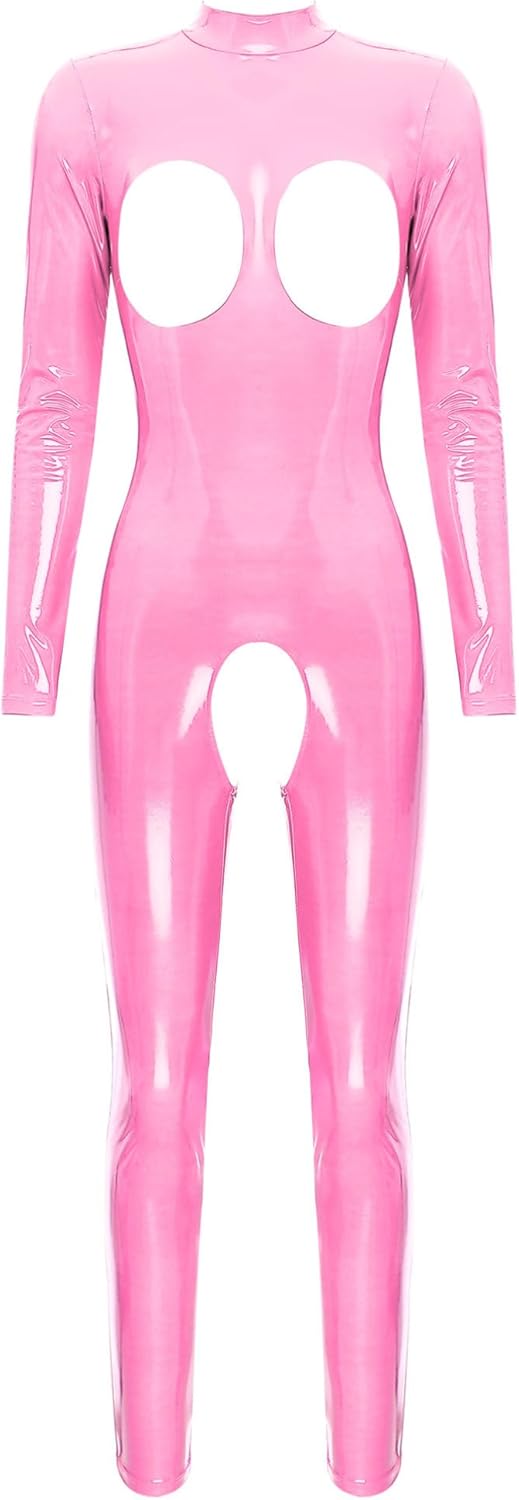 easyforever Women Sexy Hollow Out Bodysuit Lingerie Clubwear Patent Leather Invisible Zipper Latex Catsuit