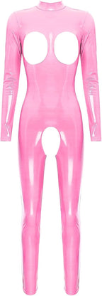 easyforever Women Sexy Hollow Out Bodysuit Lingerie Clubwear Patent Leather Invisible Zipper Latex Catsuit
