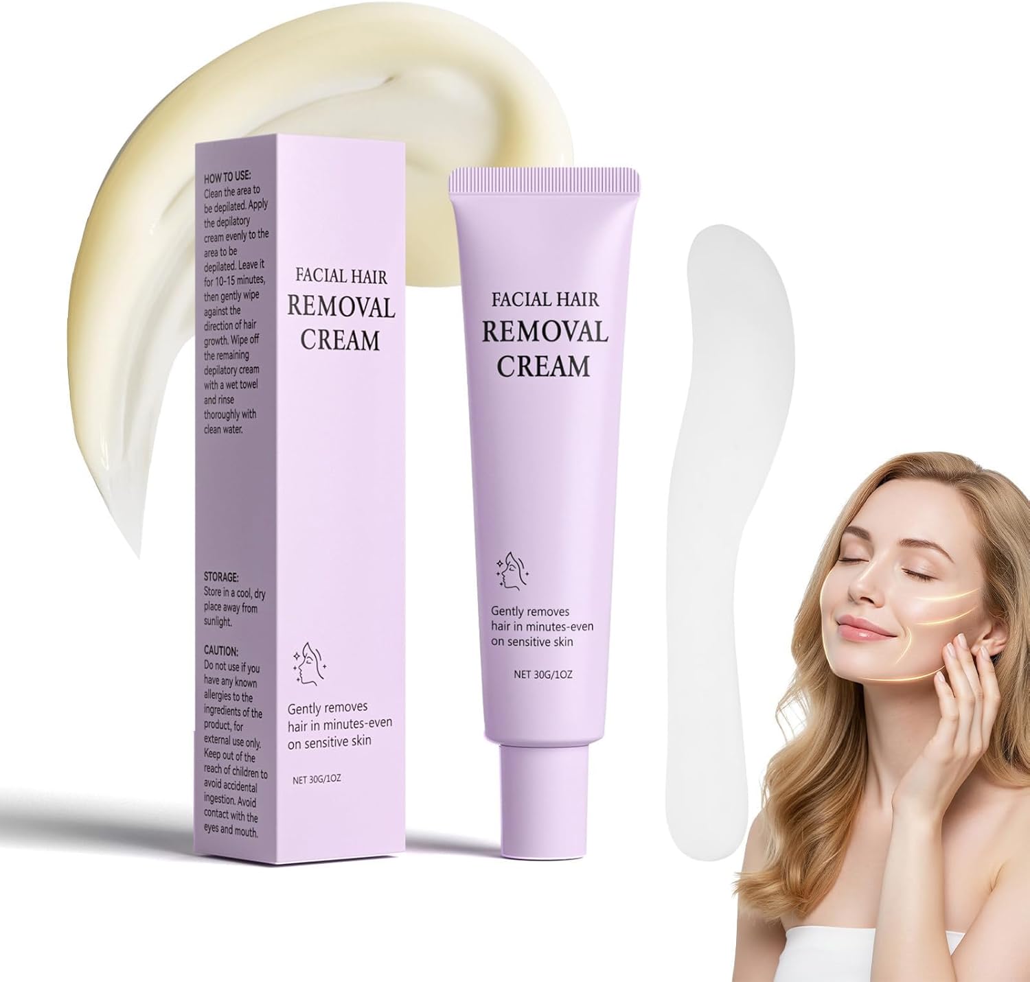 Facial Hair Removal Cream for Women, Gentle Face Hair Removal Cream for Sensitive Skin, Depilatory Creams for Face Chin Upper Lip for Smooth Soft Skin, Grooming Routine, 1.01 fl oz