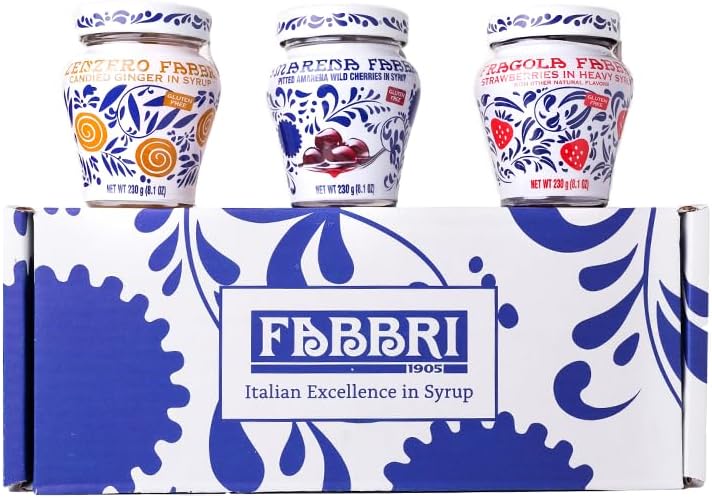 Fabbri Variety Pack Amarena Cherries in Syrup, Strawberries in Syrup and Ginger in Syrup, three jars of 8oz each