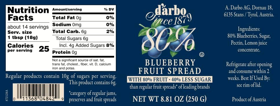 Darbo Blueberry Spread, 80% Fruit, All Natural, 40% Less Sugar - 8.81oz