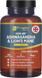 KSM-66 Ashwagandha and Lions Mane Tablets - High Strength 2200mg | KSM-66 Ashwagandha Root Extract and Lions Mane Mushroom Extract - 120 Vegan Tablets with Black Pepper - UK Made by Prowise