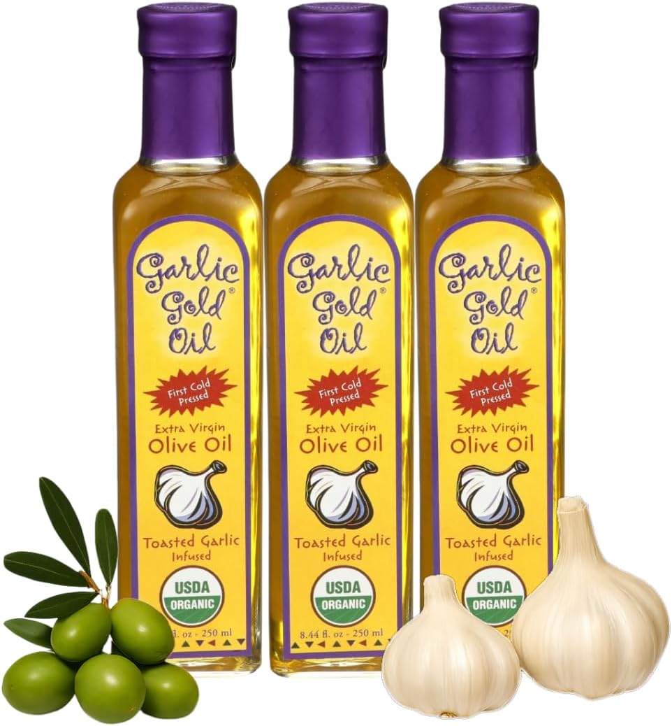 Garlic Gold Extra Virgin Olive Oil Infused with Garlic, Premium Certified USDA Organic, Low FODMAP, Cold Pressed (250 mL, 3 Pack)