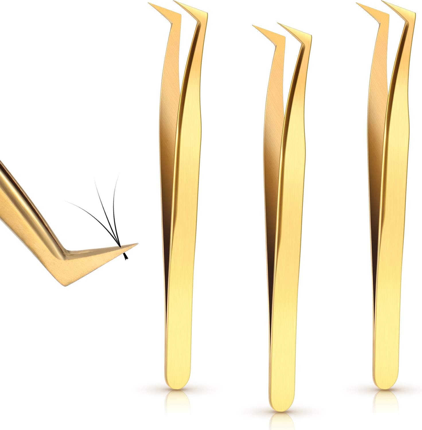 3 Pieces Volume Tweezers Eyelash Extension Tweezers Curved 6A Tip False Lash Tweezers Stainless Steel Precision Tweezers for Individual and 3D 6d Volume Eyelash Extension (Gold)