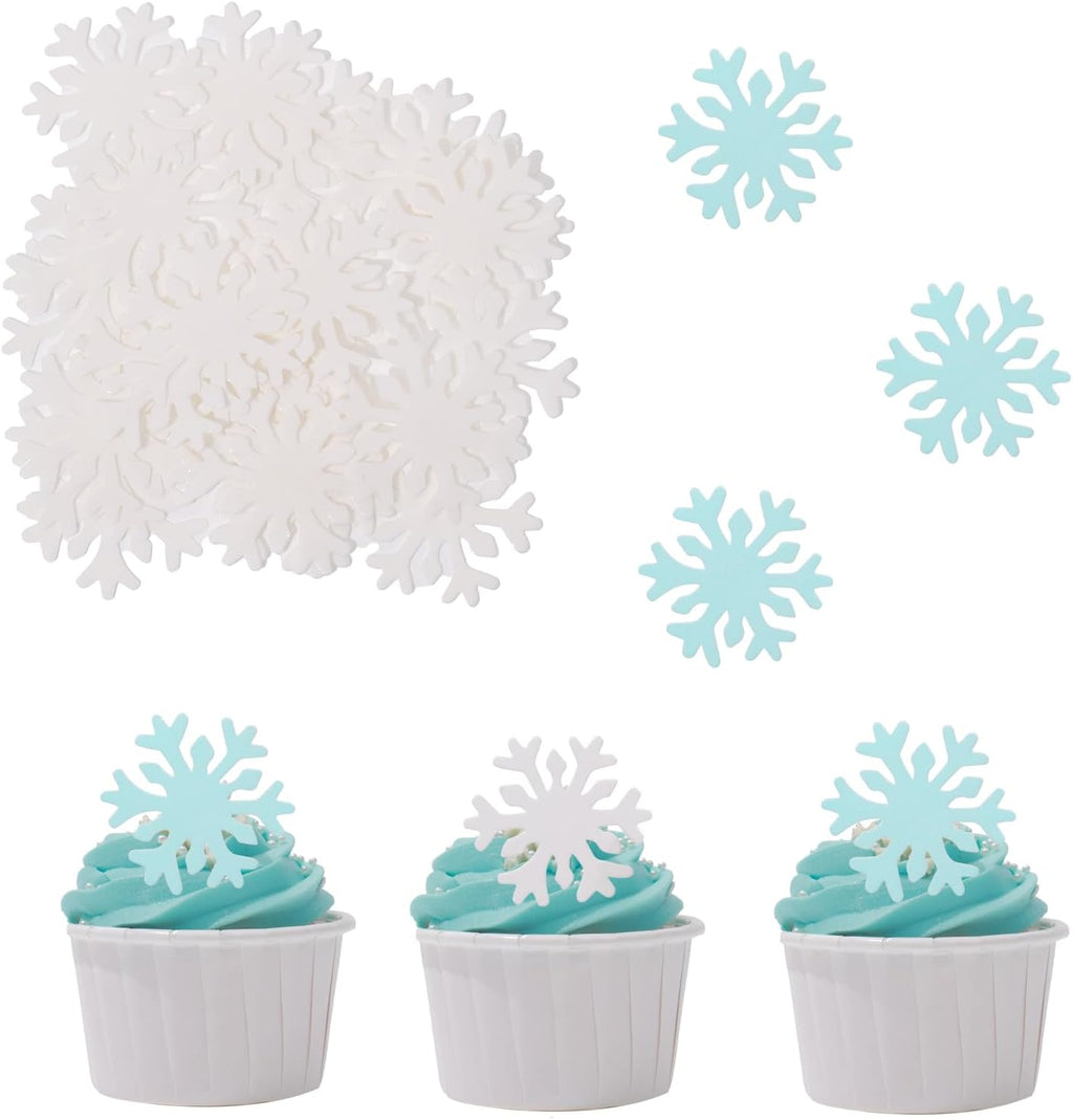 THJ 50PCS Edible Snowflakes Cupcake Toppers Snowflakes Frozen Cake Decorations Wafer Paper Snowflake for Christmas Winter Holiday Frozen Theme Party Supplies Blue&White