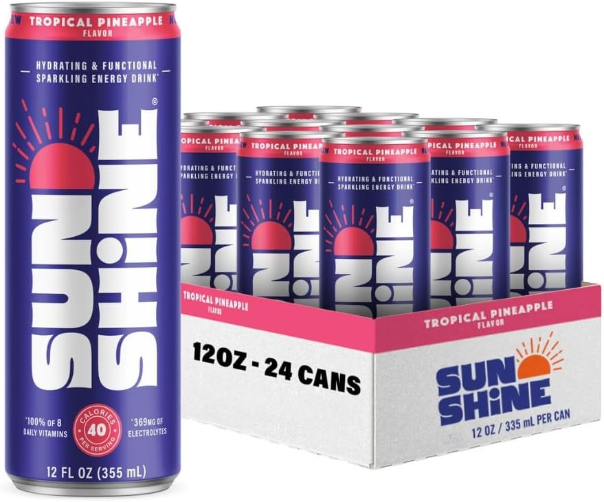 Sunshine Sparkling Energy Drink, Tropical Pineapple with Daily Essential Vitamins, 360mg of Electrolytes, 70mg of Natural Caffeine, 12 Fl Oz (Pack of 24)