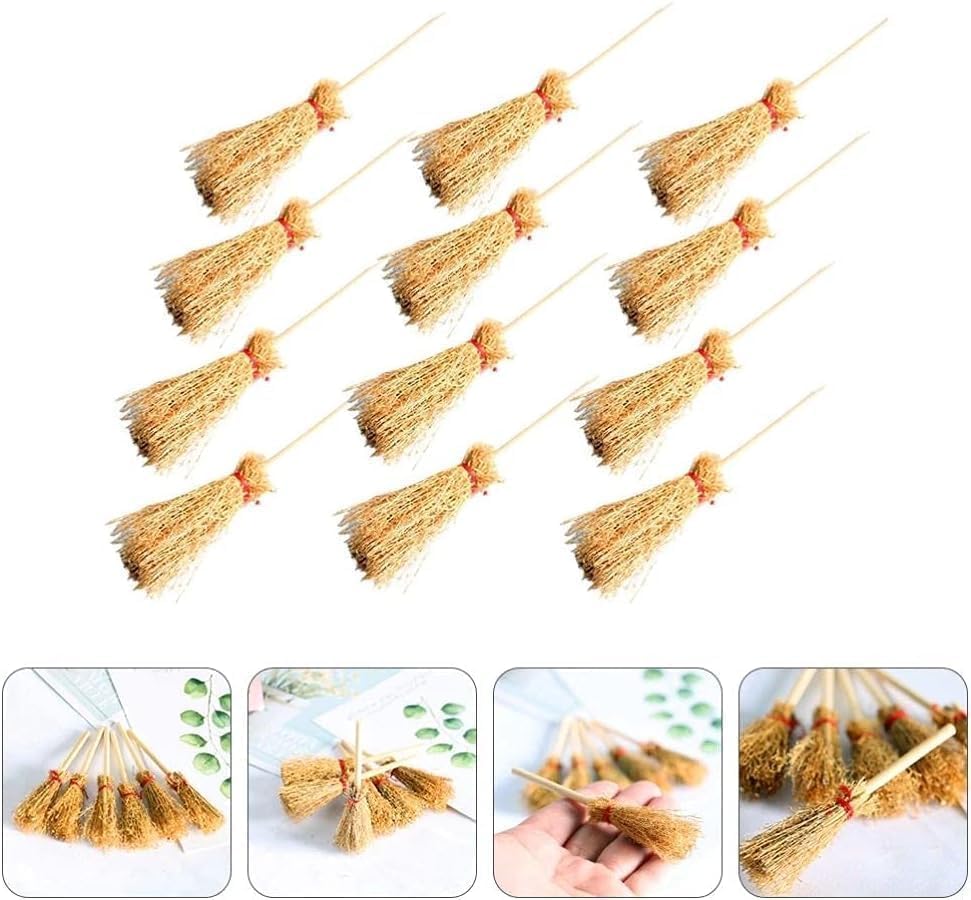 5Pcs Miniature Brooms with Straw Broomsticks - 1:12 Scale Dollhouse Accessories for Halloween Party Decor, Handmade Style Witch Broomstick Cosplay Props and Mini Furniture Display