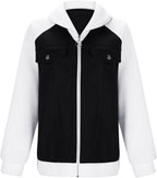 DMOYALA Denim Jacket for Women Fall Trendy Patchwork Jean Jacket Casual Long Sleeve Mock Neck Denim Coat with Pockets