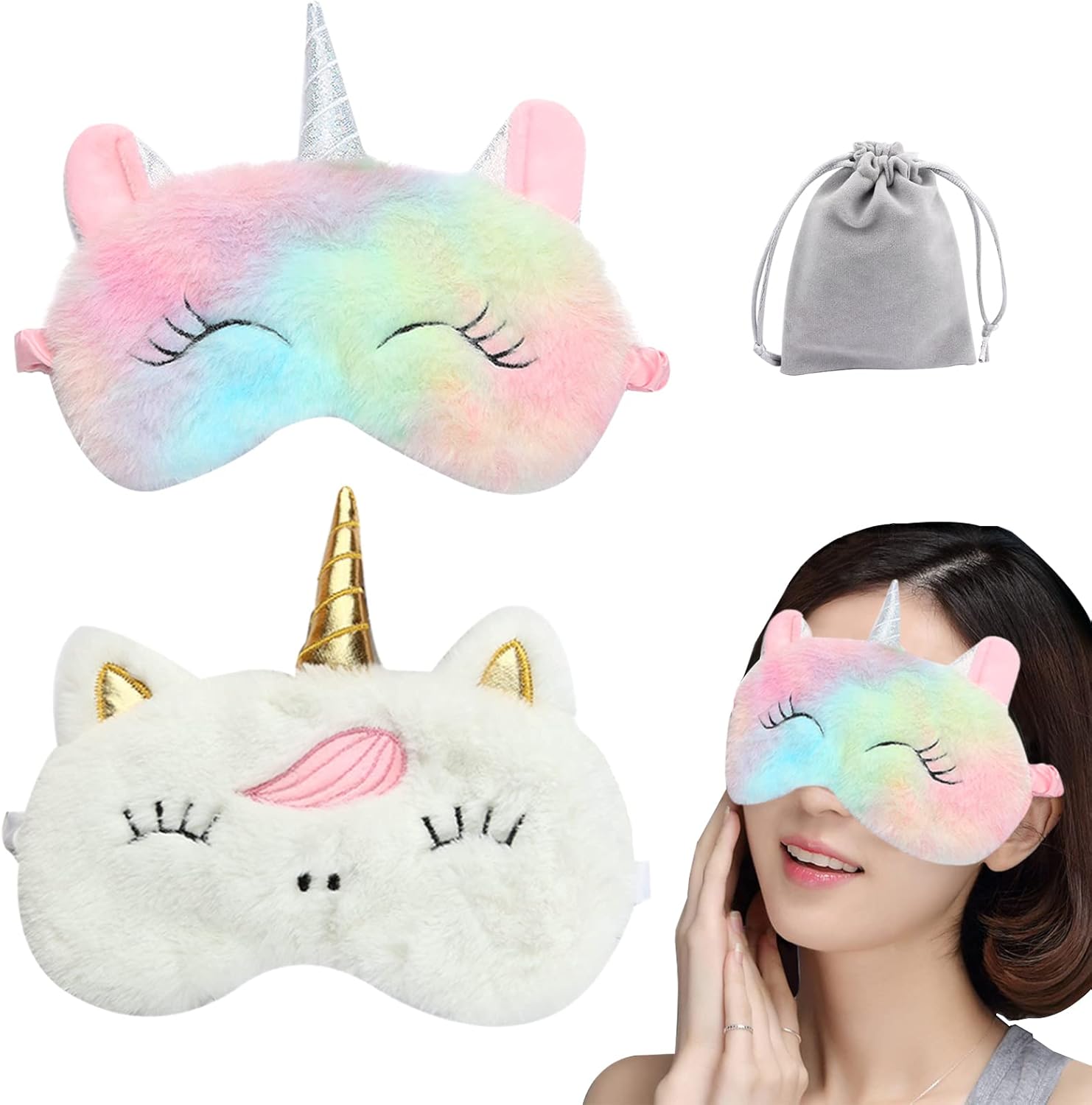2 Pcs Cute Sleep Mask Cute Animal Sleep Mask Soft Plush Blindfold Eye Covers for Women Girls Kids