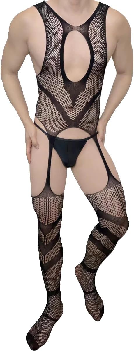 Men's Sexy Lingerie, Fishnet Bodysuit with Cut-Outs, Hollow Design, Black Lace Feminine Underwear