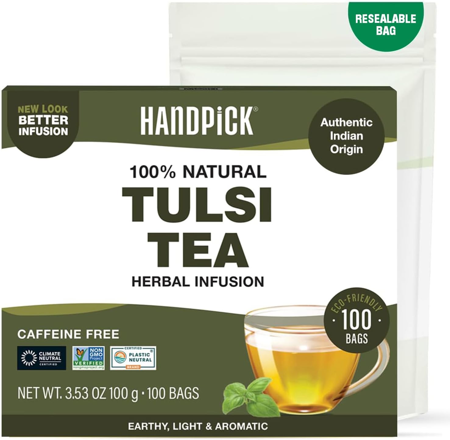 HANDPICK Original Tulsi Tea (100 count) Holy Basil Tea | Non-GMO, Caffeine-Free Herbal Tea | Ecofriendly Round Tea Bags