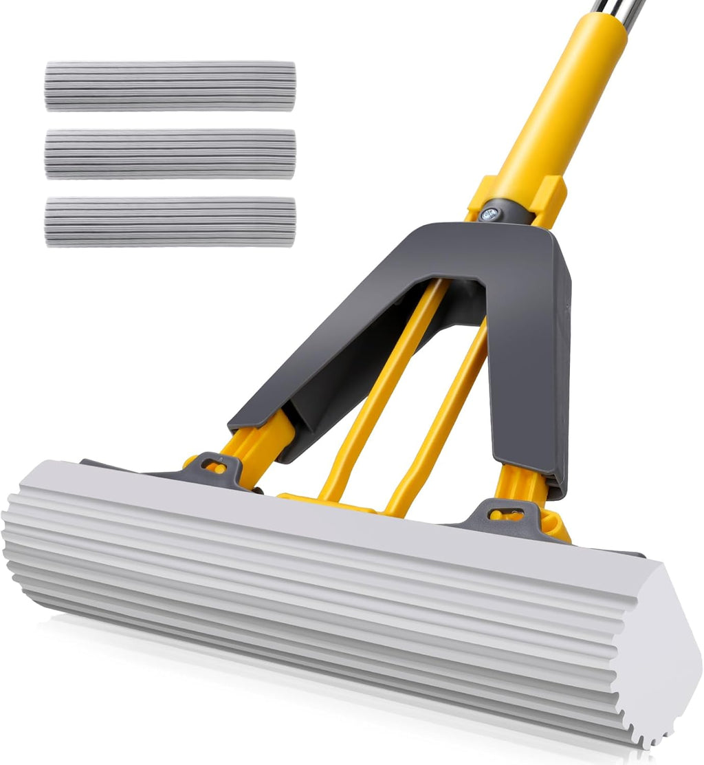Masthome Sponge Mop,Roller Sponge Mop with 3 Absorbent PVA Mop Refills,Self Squeeze Sponge Mops and Stainless Steel Handle,PVA Sponge Mops for Floor Cleaning