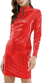 Women's Faux PVC Leather Bodycon Dress Long Sleeve Stand Collar Zipper Slim Party Customizable