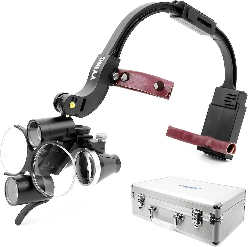 Dental Loupes with Light 3.5X420mm Magnifying Glass, Binoculars Angle Adjustable Head Loupes with LED Light, Aluminum Box Black