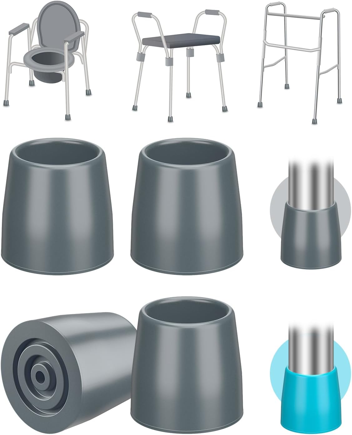 supregear Rubber Walker Tips - Walker Feet Replacement - Walker Leg Caps - Heavy Duty Accessories for Walkers Commodes Shower Chairs, Non-Skid Bottom and Metal Washer Insert, (1'', Pack of 4)