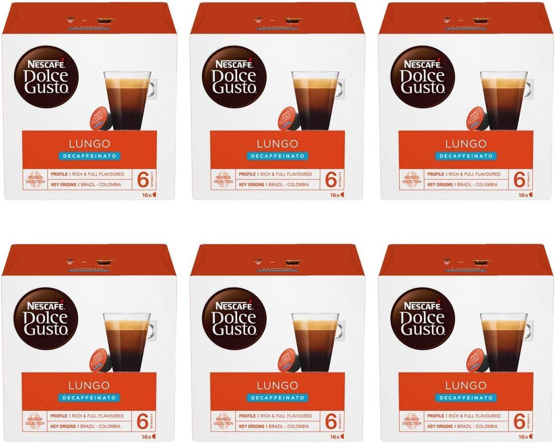 NESCAFÉ Dolce Gusto Lungo Decaffeinated Coffee Pods x16 (Pack of 6, Total 96 Pods)