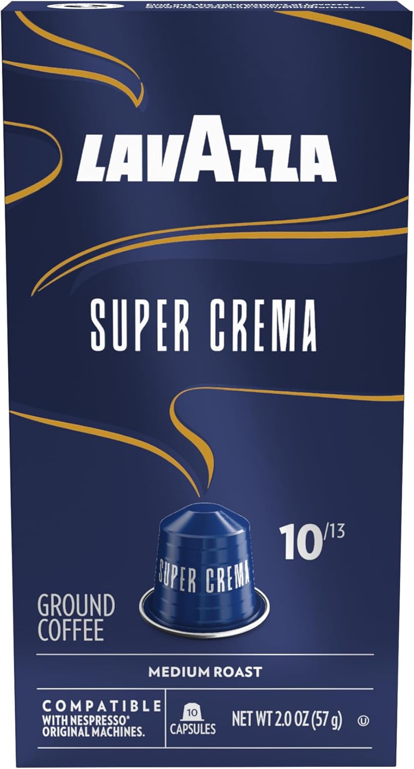 Lavazza Super Crema Aluminum Capsules Compatible with Nespresso* Original Machines, Medium Roast, Arabica and Robusta Blend (10 Capsules)
