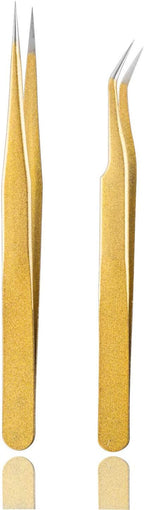 Tvoip 2 Pcs Gold Stainless Steel Tweezers for Eyelash Extensions, Straight and Curved Tip Tweezers Nippers, False Lash Application Tools