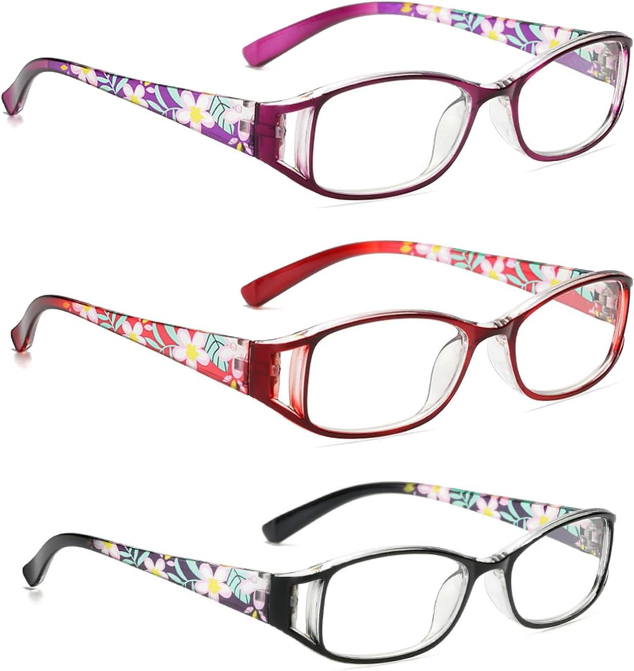 LILLIE 3 pairs of stylish reading glasses with case, anti-blue light portable reader, black, purple and red (Color : Black, Size : 3.0x)