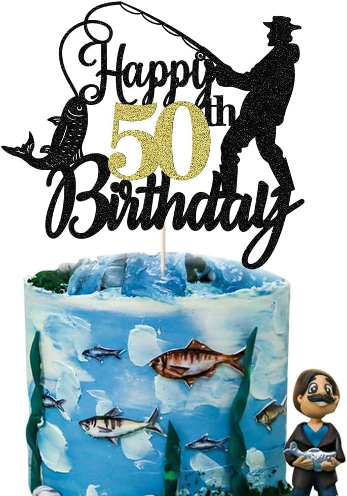Fishing Happy 50th Birthday Cake Topper - Man Fisherman Theme Cake Decor -Fisherman 50 Years Old Party Decorations,Cheers to 50 Years,Fishing Themed 50th Birthday Party Decorations
