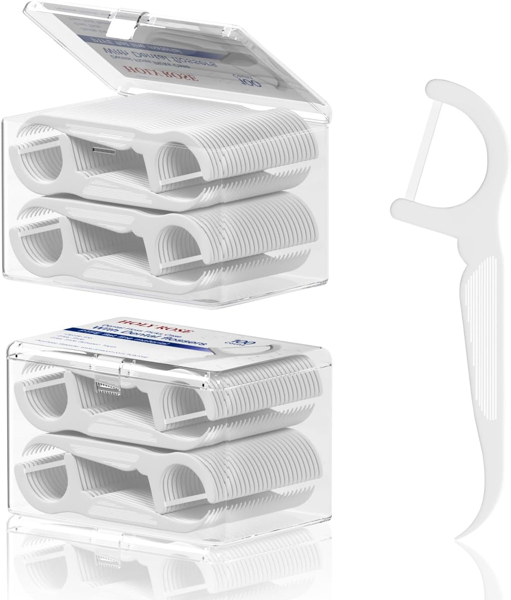 Holy Rose Dental Floss Case with 100 Floss Picks -2 Box 200 Count Flossers- Flat Line Design - Portable and Hygienic Oral Care Dispenser Set for Teeth and Gums - Dental Cleaning Tool.