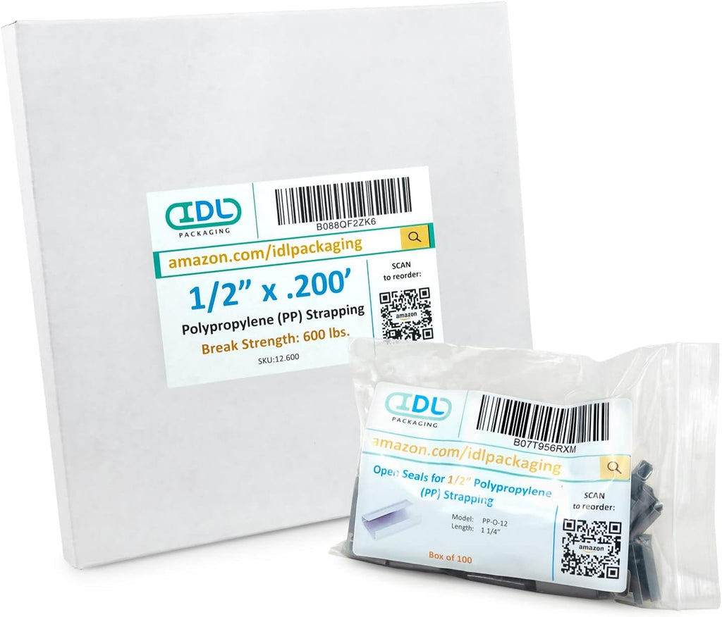IDL Packaging Refill for Portable 1/2" Polypropylene (PP) Strapping Kits - 1/2" x 200' Polypropylene Strapping Coil with 600 lbs Break Strength and 100 of 1/2" Open Seals