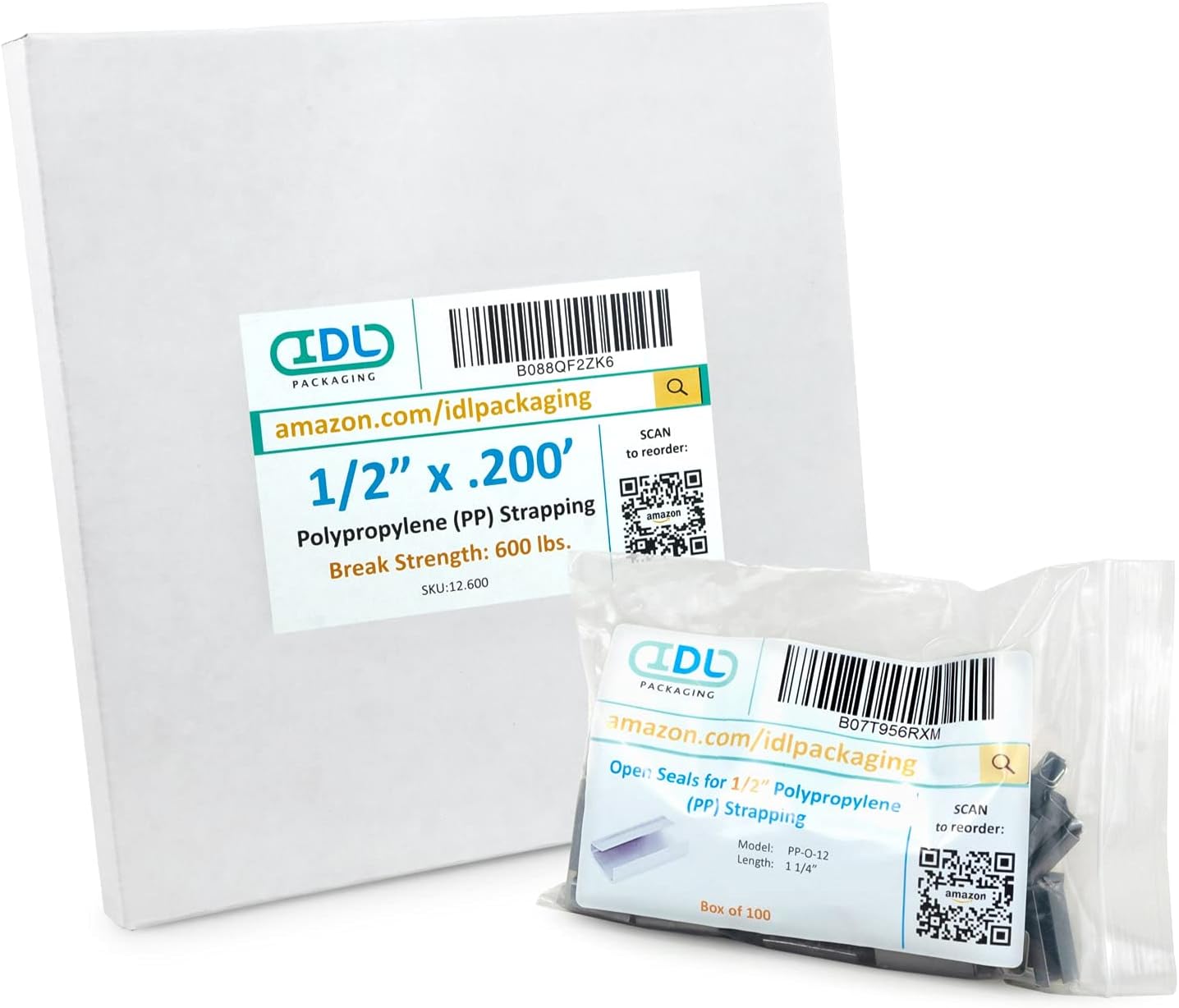 IDL Packaging Refill for Portable 1/2" Polypropylene (PP) Strapping Kits - 1/2" x 200' Polypropylene Strapping Coil with 600 lbs Break Strength and 100 of 1/2" Open Seals
