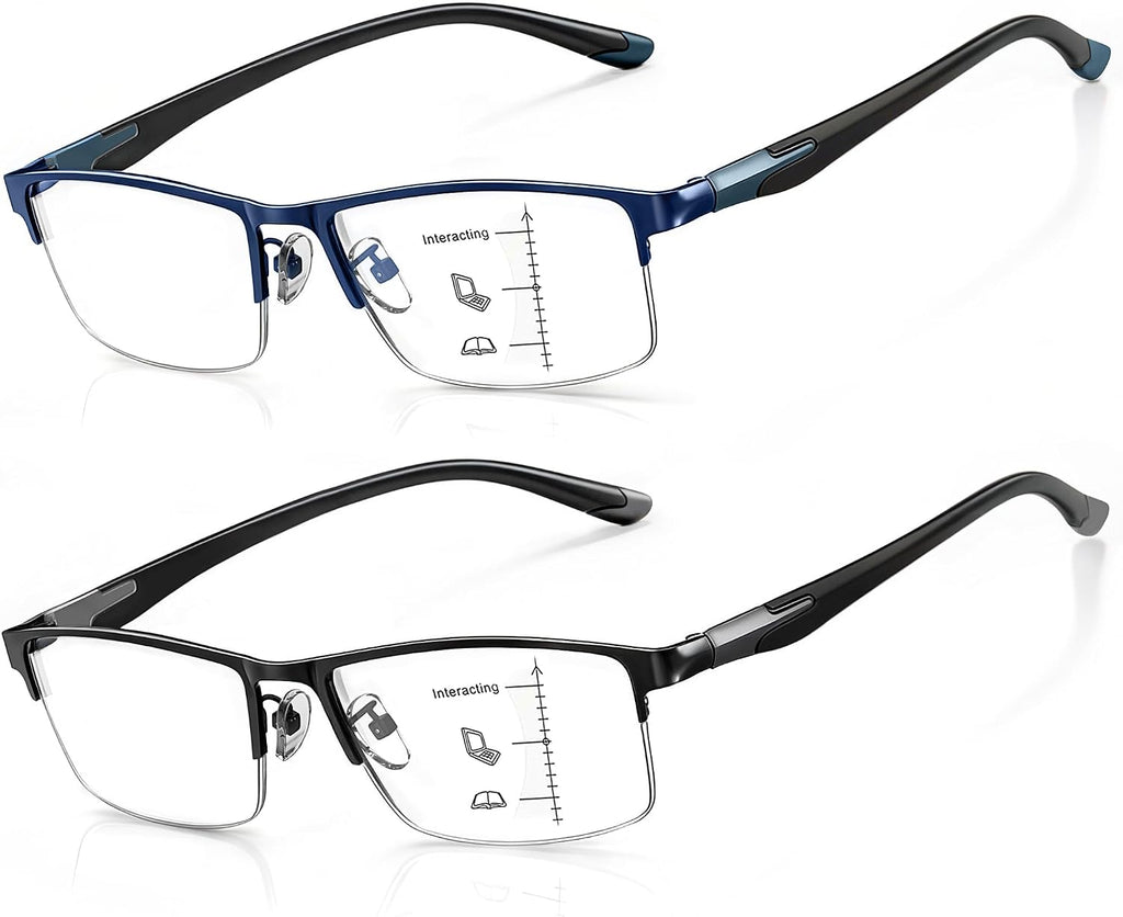 CARA Progressive Multifocus Reading Glasses Men Lightweight Metal Half Frame TR90 Temples Anti-Blue Light Computer Readers