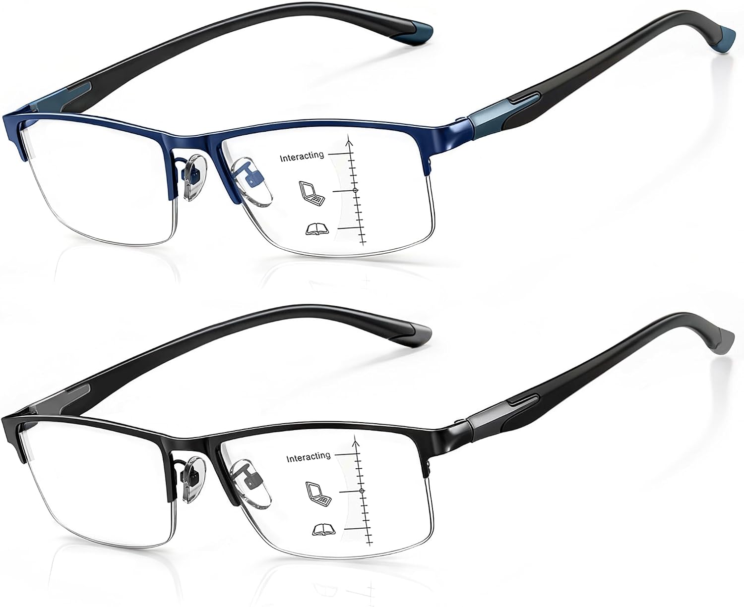 CARA Progressive Multifocus Reading Glasses Men Lightweight Metal Half Frame TR90 Temples Anti-Blue Light Computer Readers