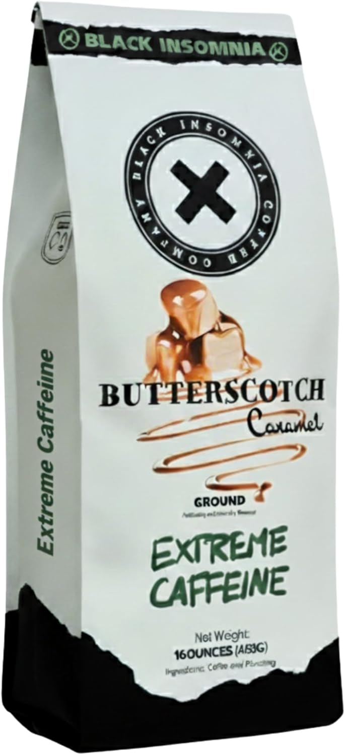 Black Insomnia Extreme Caffeine Coffee - World's Strongest Highly Caffeinated Coffee - Butterscotch Caramel Flavored, Classic Roast, Ground - 1lb