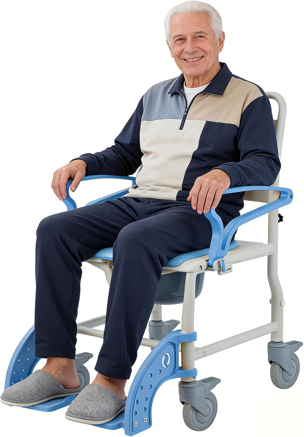 4-in-1 Rolling Shower Chair with Wheels for Elderly and Disabled, Shower Commode Chair with Bucket and Safety Locking Casters, Bedside Toilet Riser for Seniors, Light Blue