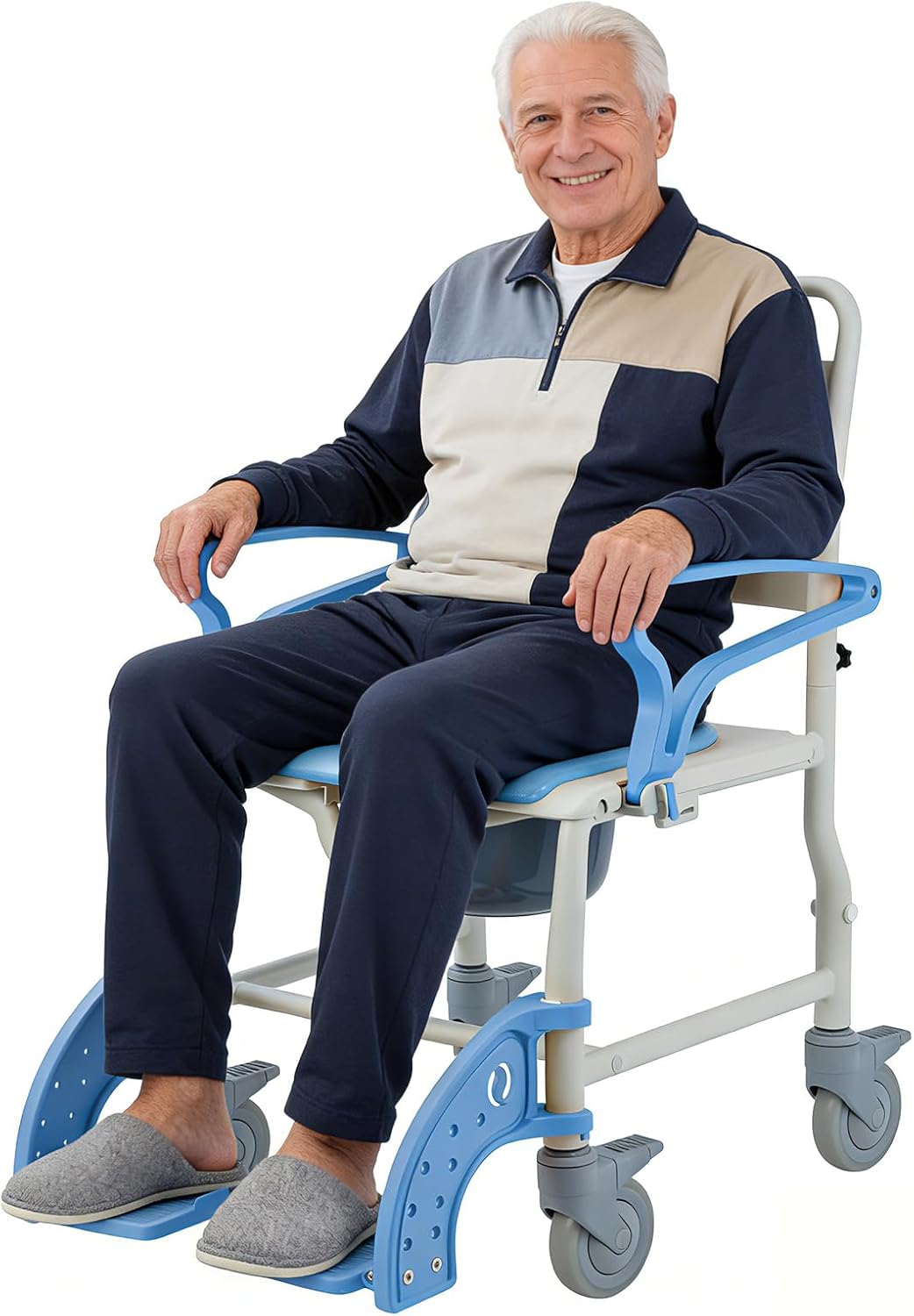 4-in-1 Rolling Shower Commode Chair with Wheels for Elderly and Disabled, Wheeled Shower Chair with Bucket and Safety Locking Casters, Bedside Toilet Riser for Seniors, 350lbs(Light Blue)