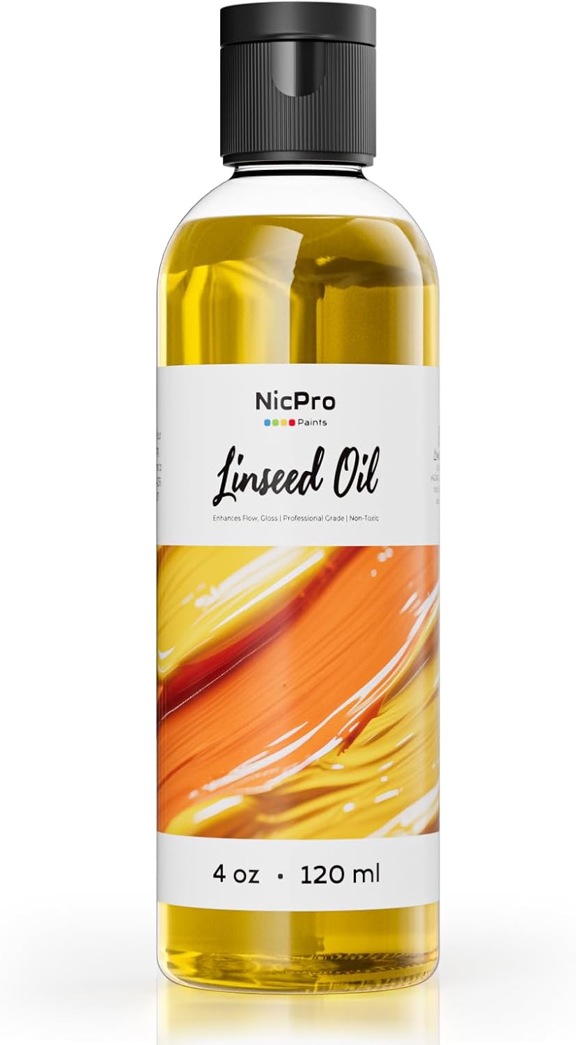 Nicpro Linseed Oil for Painting, 120ml (4oz) Refined Linseed Oil Medium for Thinning Oils, Artists, Painting Thinner, Professionals to Enhance Flow, Translucency & Gloss