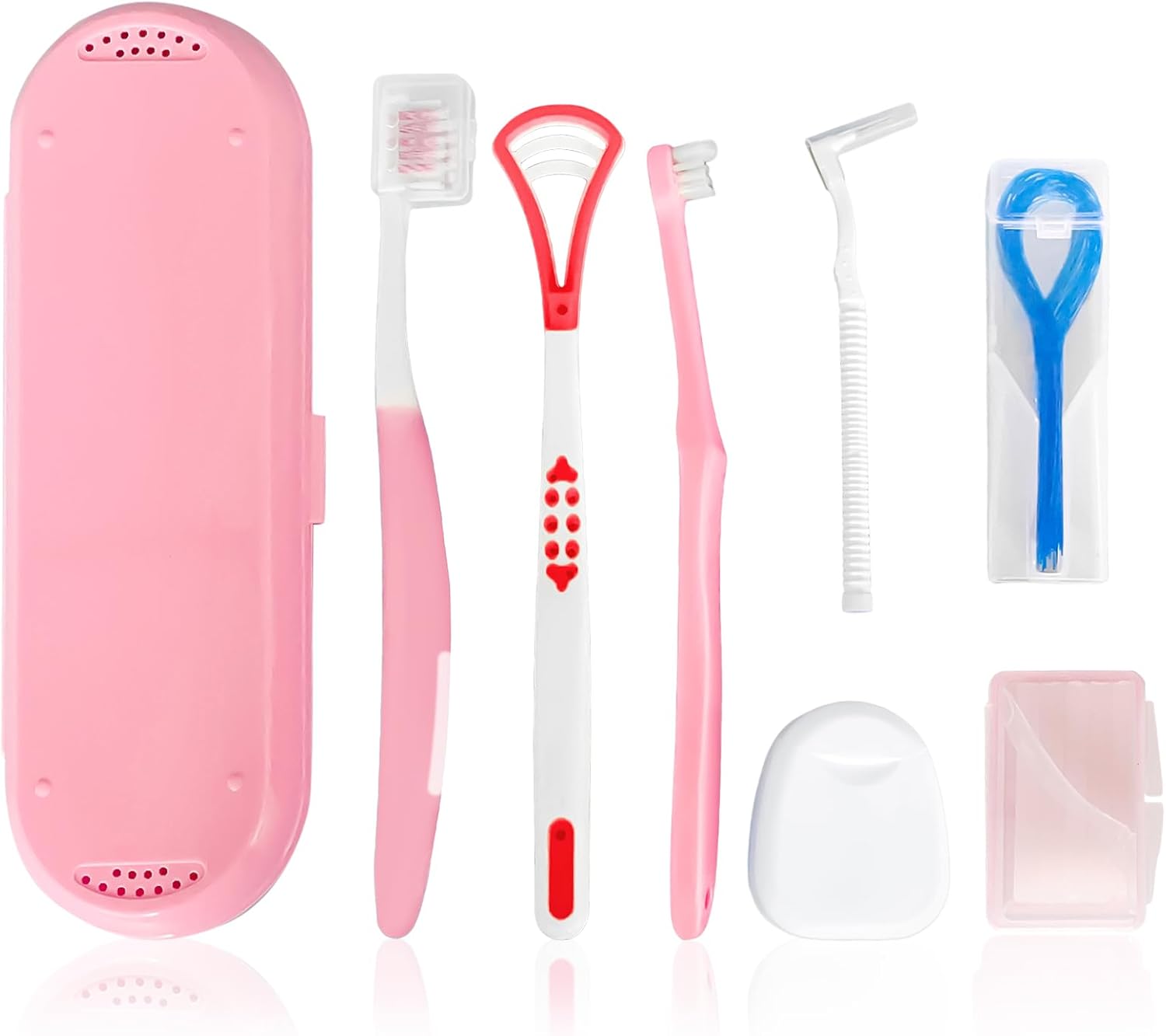 7-in-1 Travel Oral Care Kit with Case – Toothbrush, Tongue Scraper, Wisdom Toothbrush, Dental Floss, Floss Threaders, Interdental Brush, Dental Wax, Portable Hygiene Set for Daily Use Travel (Pink)